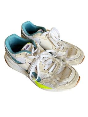 Reebok | White Sneakers with Teal and Neon Yellow Accents